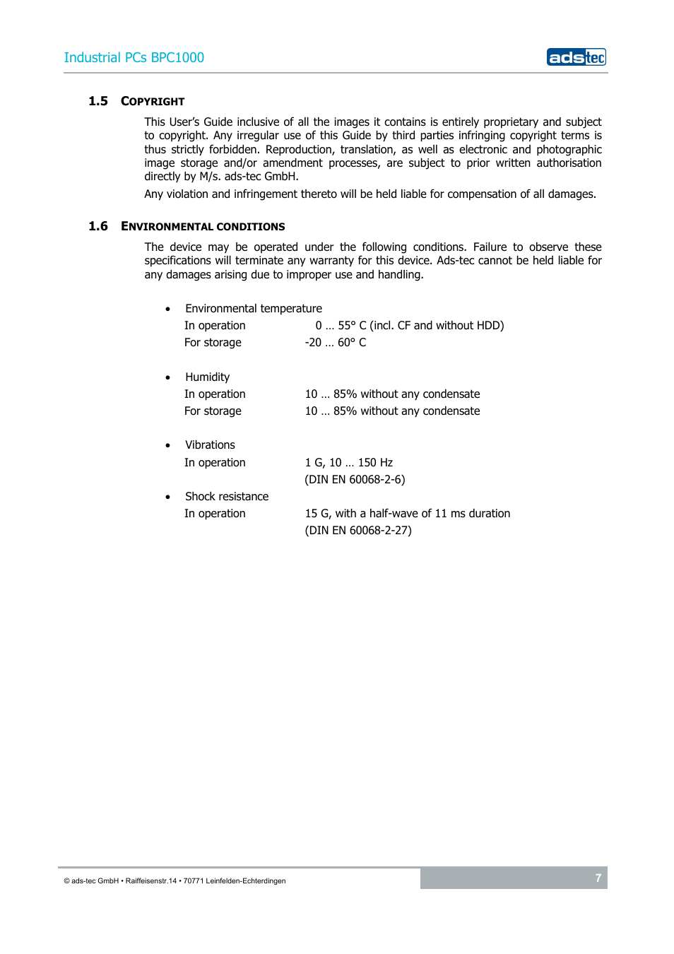 5 copyright, 6 environmental conditions | ADS-TEC BPC1000 User Manual | Page 7 / 24