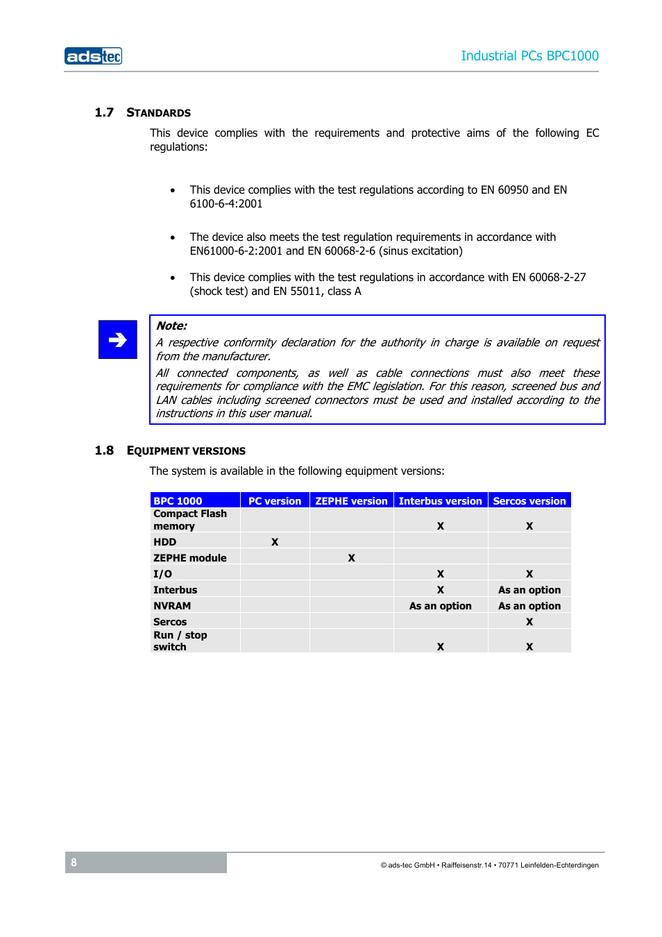 7 standards, 8 equipment versions, Industrial pcs bpc1000 | ADS-TEC BPC1000 User Manual | Page 8 / 24
