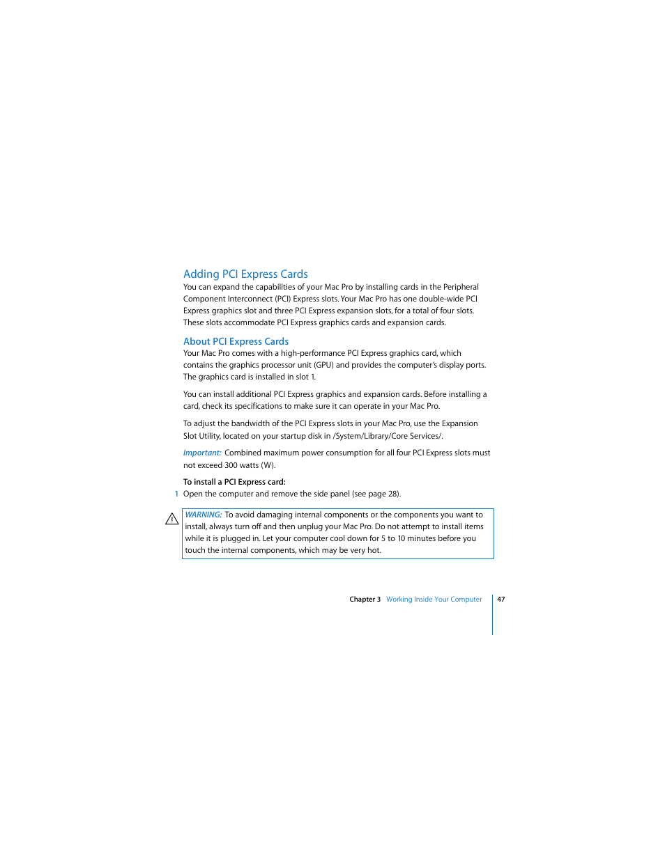 Adding pci express cards | Apple Mac Pro Computer User Manual | Page 47 / 92