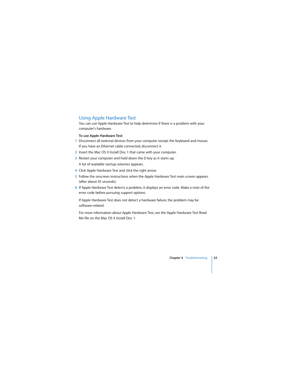 Using apple hardware test | Apple Mac Pro Computer User Manual | Page 63 / 92