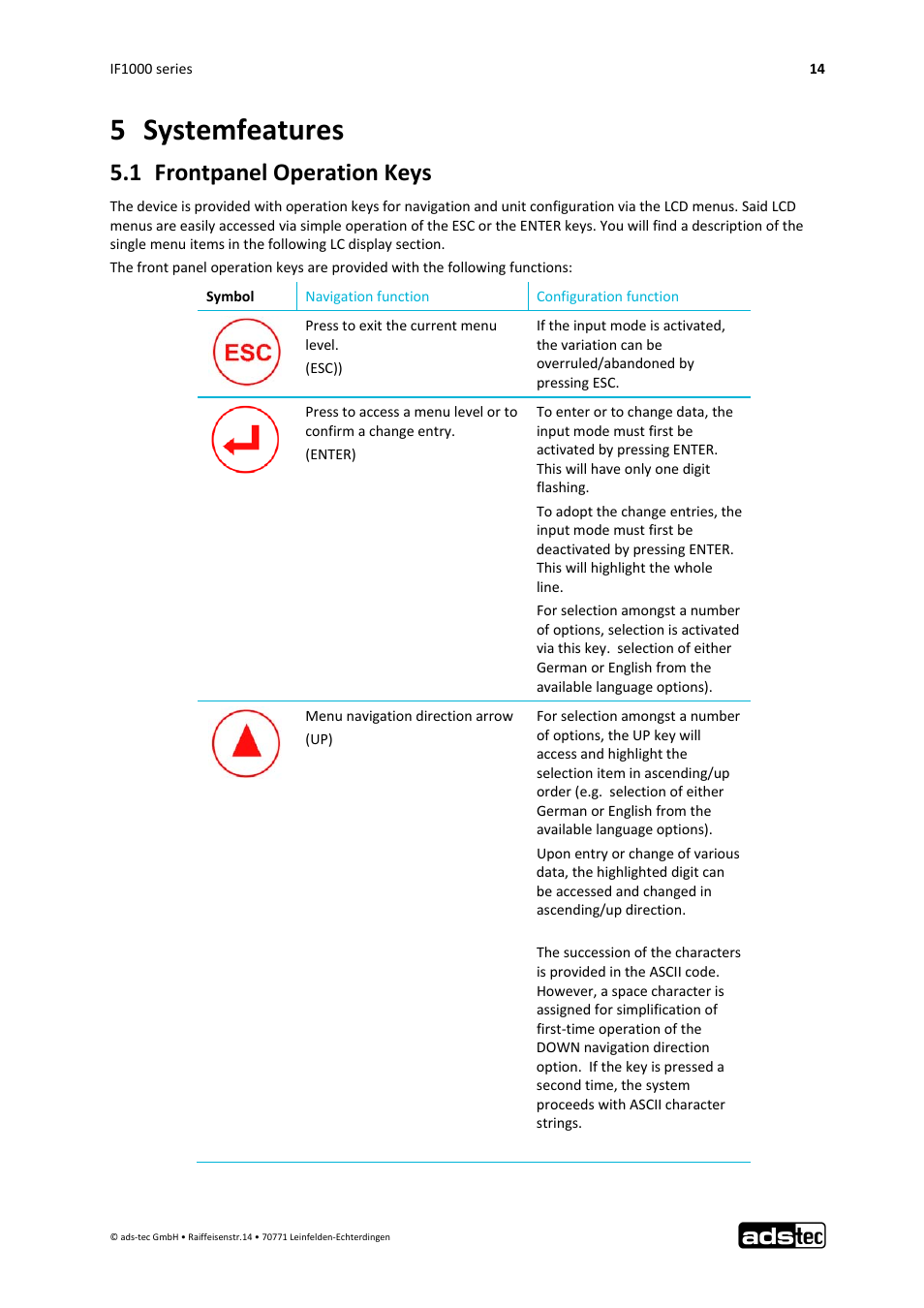 5 systemfeatures, 1 frontpanel operation keys | ADS-TEC IF1000 User Manual | Page 15 / 46