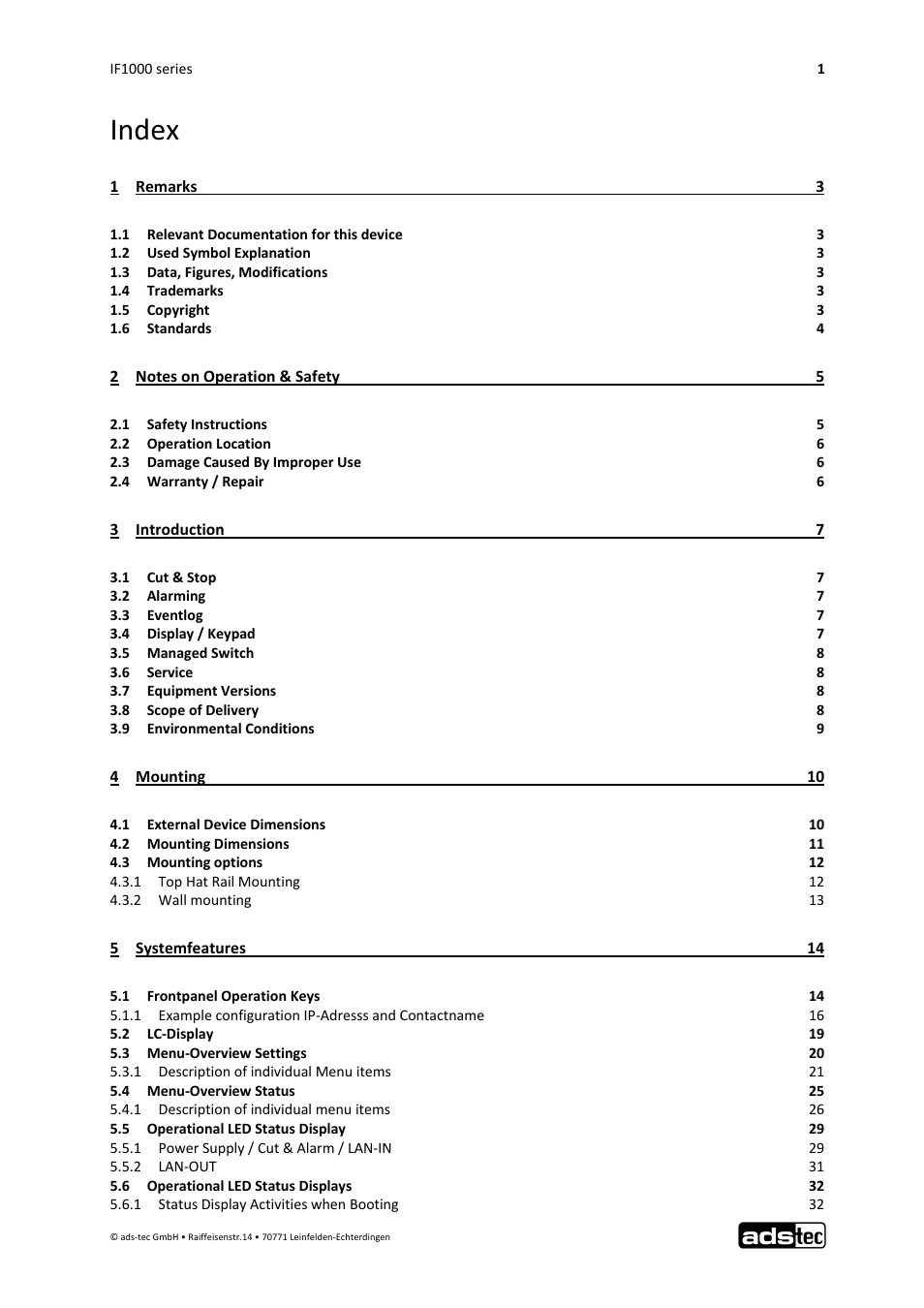 Index | ADS-TEC IF1000 User Manual | Page 2 / 46