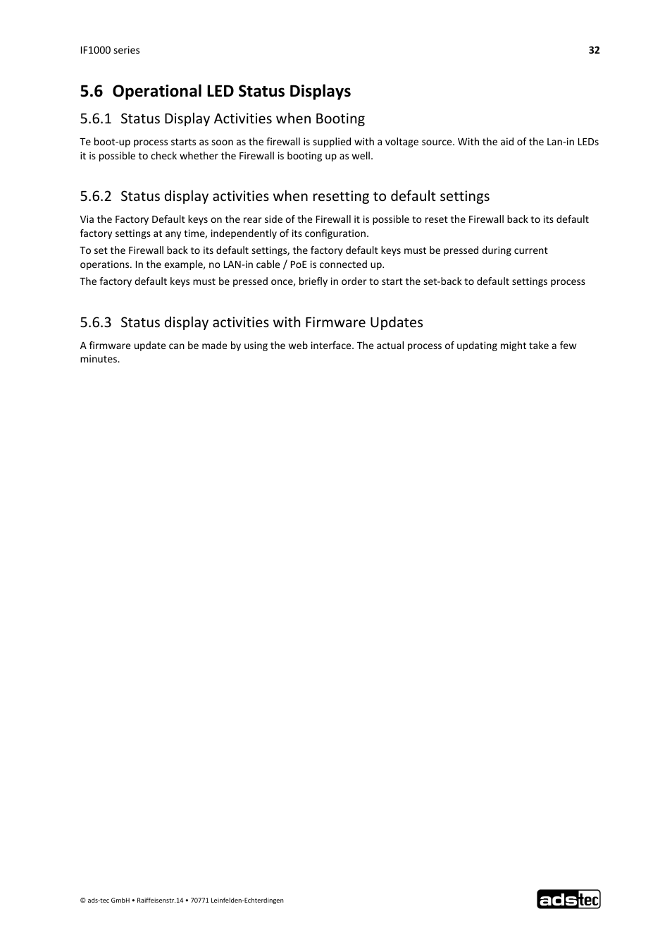 6 operational led status displays, 1 status display activities when booting, 3 status display activities with firmware updates | ADS-TEC IF1000 User Manual | Page 33 / 46