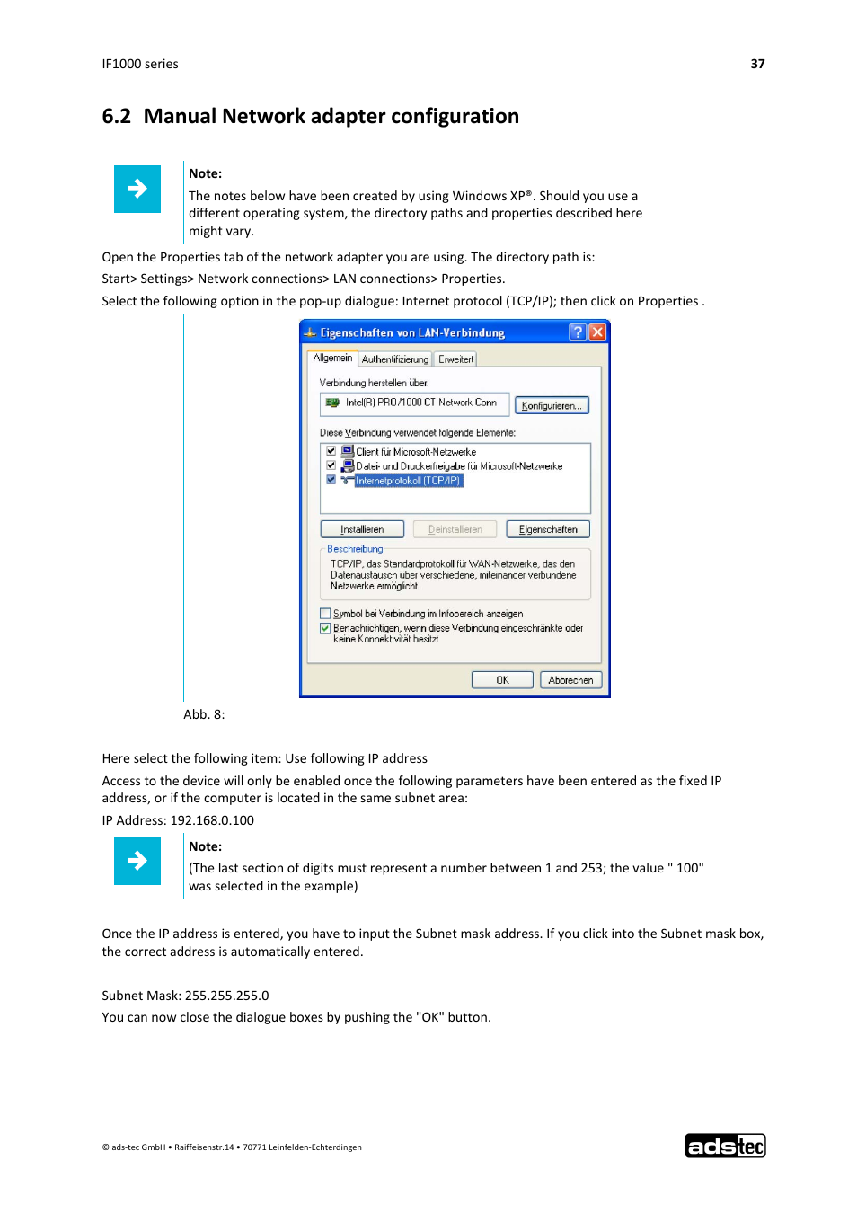 2 manual network adapter configuration | ADS-TEC IF1000 User Manual | Page 38 / 46