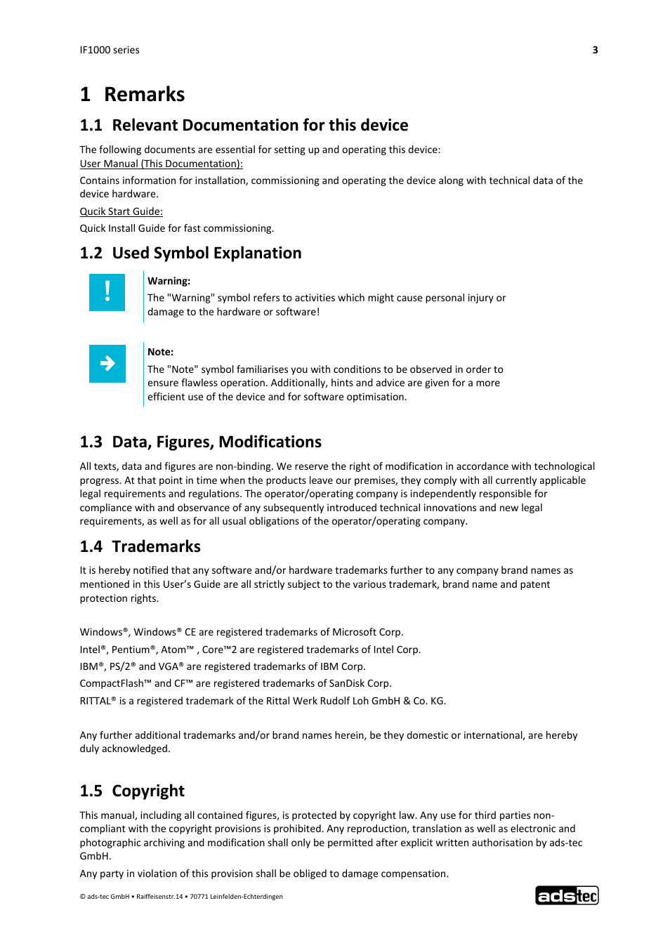 1 remarks, 1 relevant documentation for this device, 2 used symbol explanation | 3 data, figures, modifications, 4 trademarks, 5 copyright | ADS-TEC IF1000 User Manual | Page 4 / 46