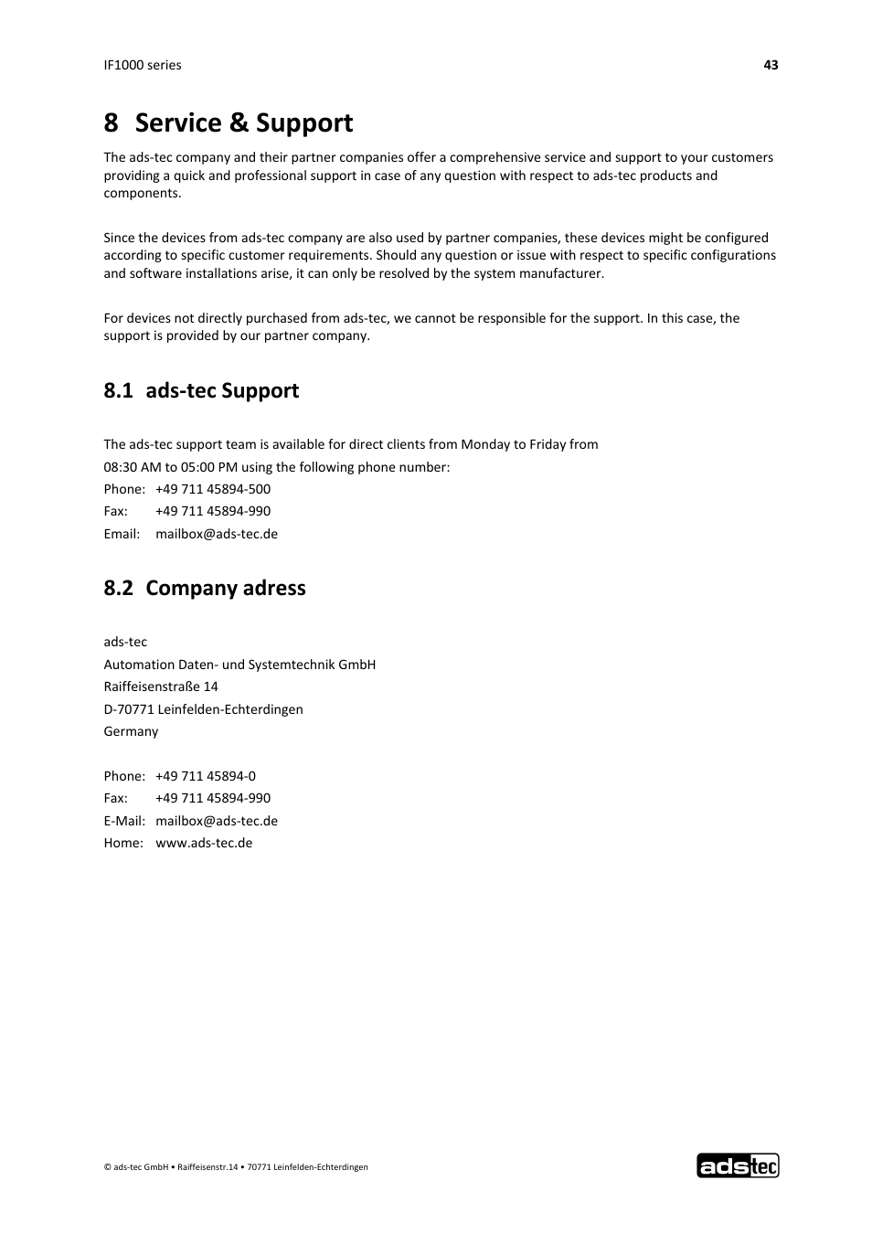 8 service & support, 1 ads‐tec support, 2 company adress | ADS-TEC IF1000 User Manual | Page 44 / 46