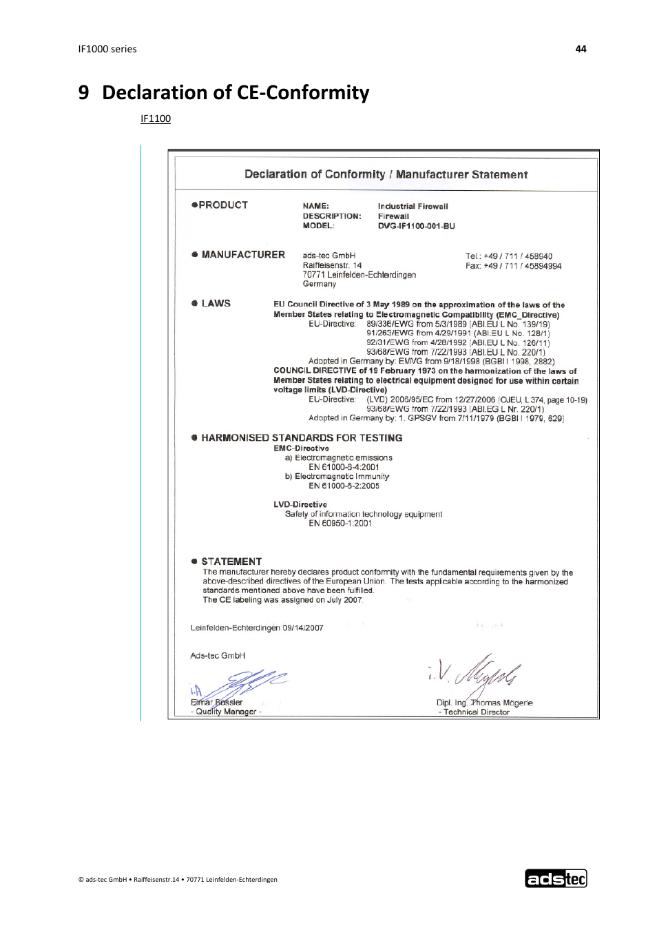 9 declaration of ce‐conformity | ADS-TEC IF1000 User Manual | Page 45 / 46