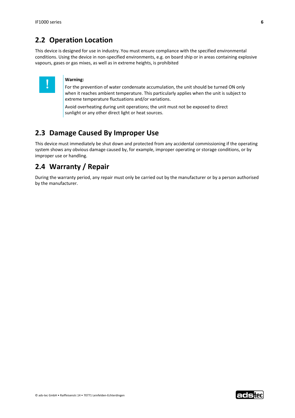 2 operation location, 3 damage caused by improper use, 4 warranty / repair | ADS-TEC IF1000 User Manual | Page 7 / 46