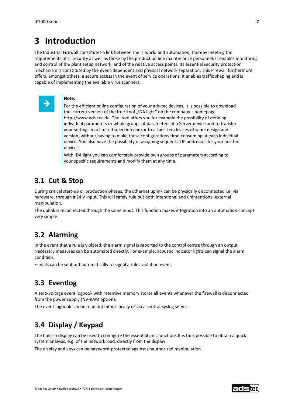 3 introduction, 1 cut & stop, 2 alarming | 3 eventlog, 4 display / keypad | ADS-TEC IF1000 User Manual | Page 8 / 46