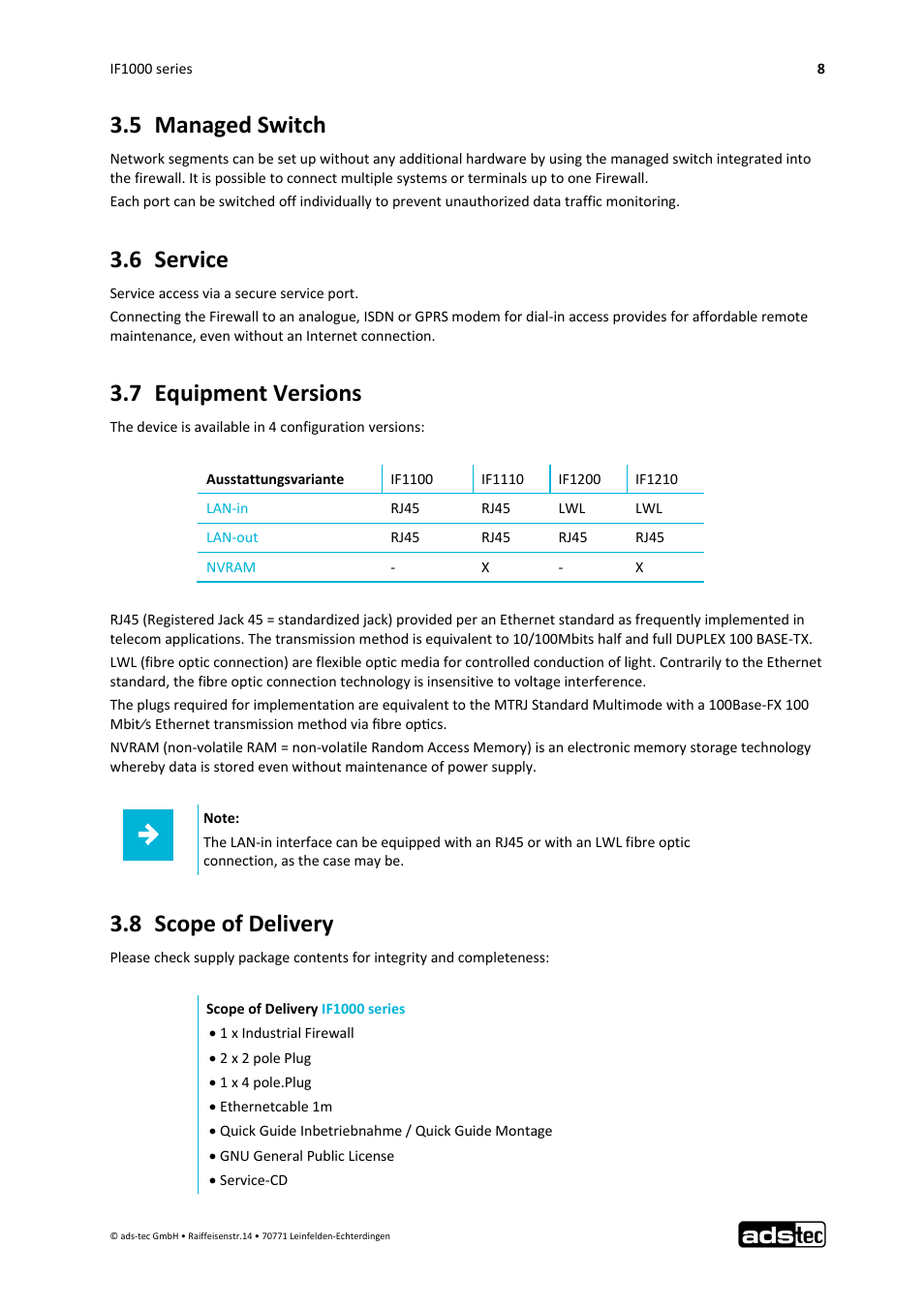 5 managed switch, 6 service, 7 equipment versions | 8 scope of delivery | ADS-TEC IF1000 User Manual | Page 9 / 46