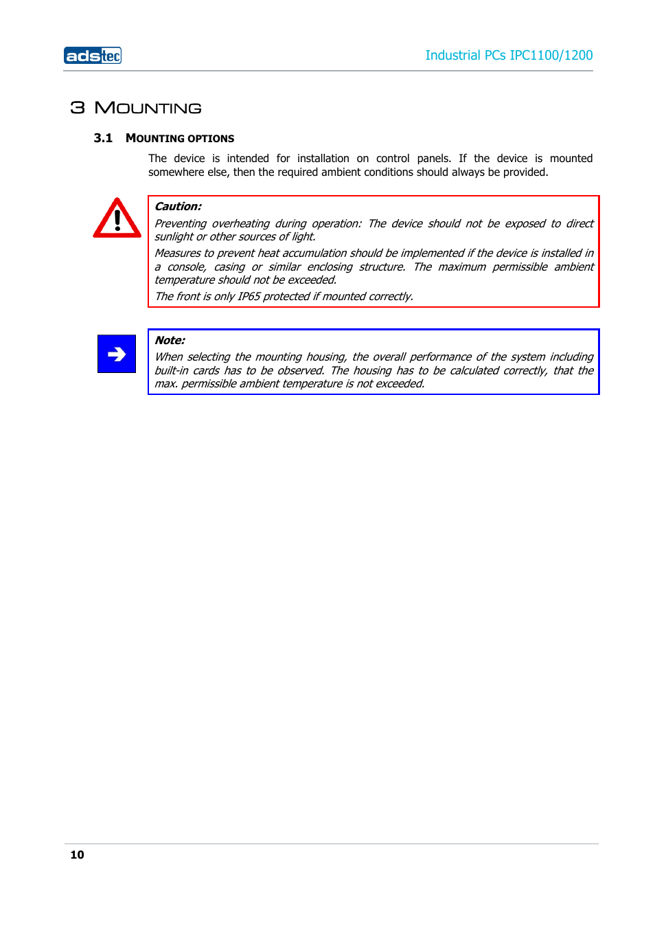 3 mounting, 1 mounting options | ADS-TEC IPC1100/1200 User Manual | Page 10 / 28