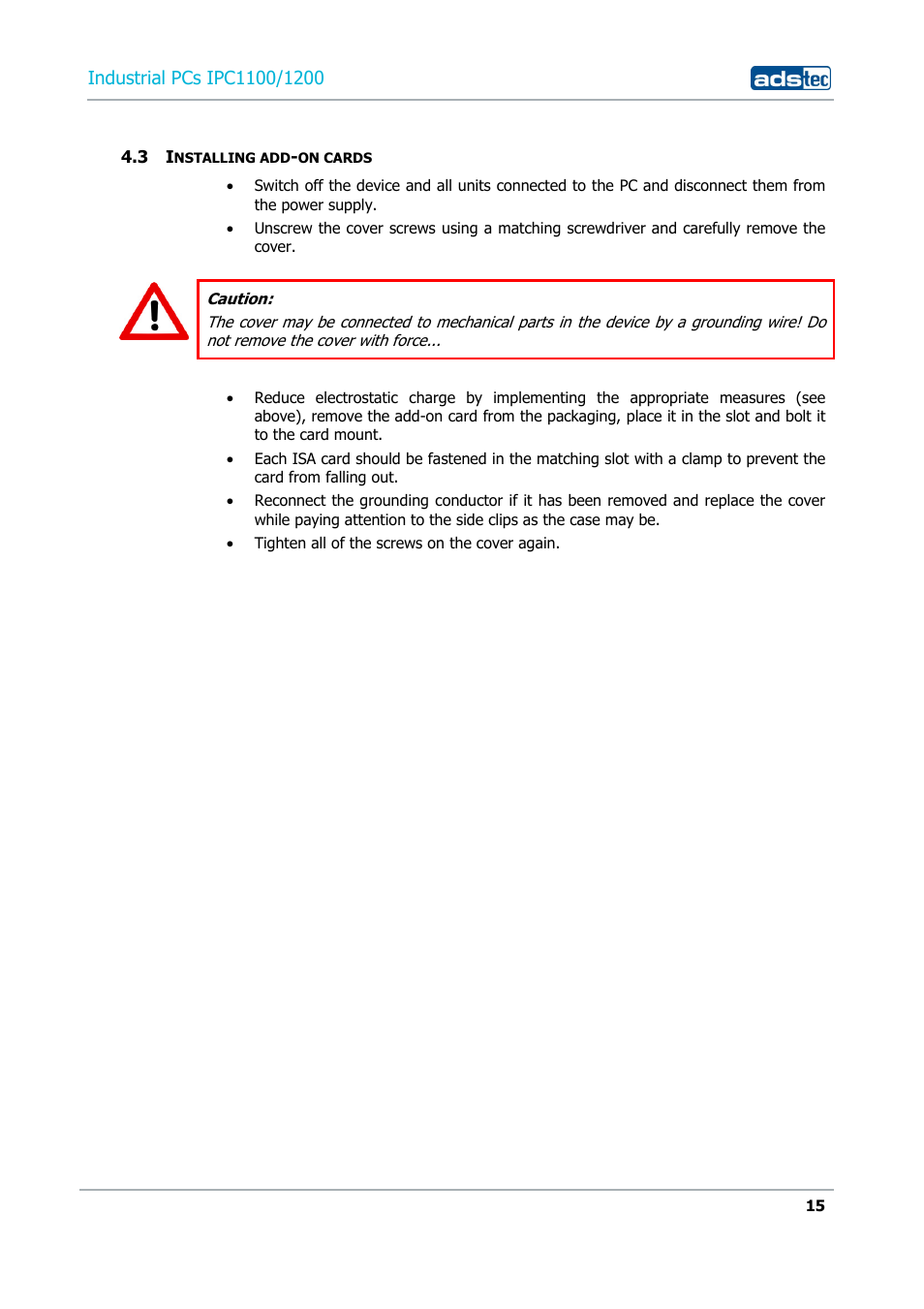 3 installing add-on cards | ADS-TEC IPC1100/1200 User Manual | Page 15 / 28