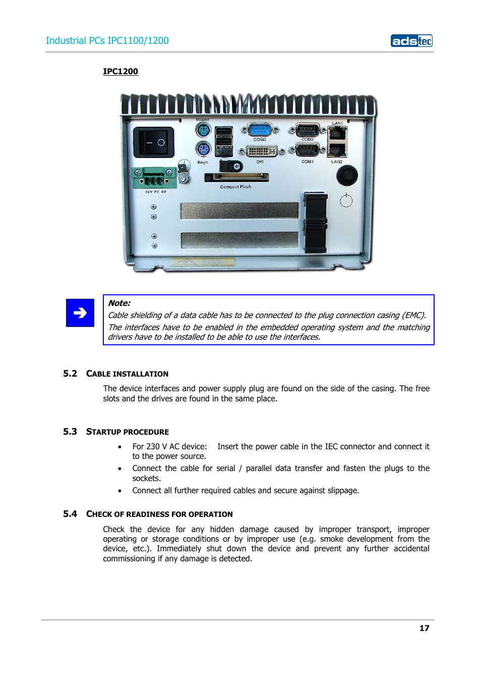 2 cable installation, 3 startup procedure, 4 check of readiness for operation | ADS-TEC IPC1100/1200 User Manual | Page 17 / 28