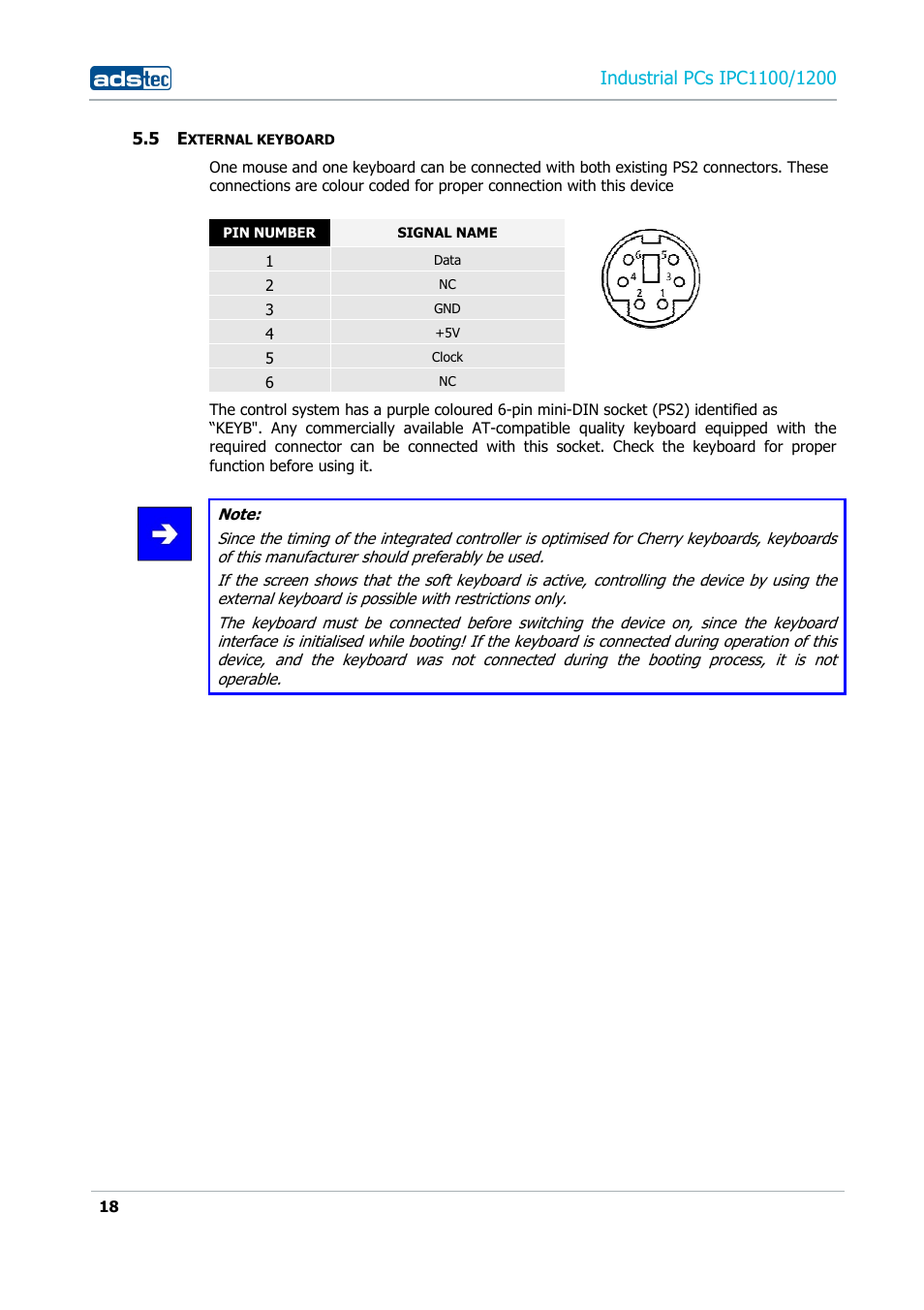 5 external keyboard, Industria | ADS-TEC IPC1100/1200 User Manual | Page 18 / 28