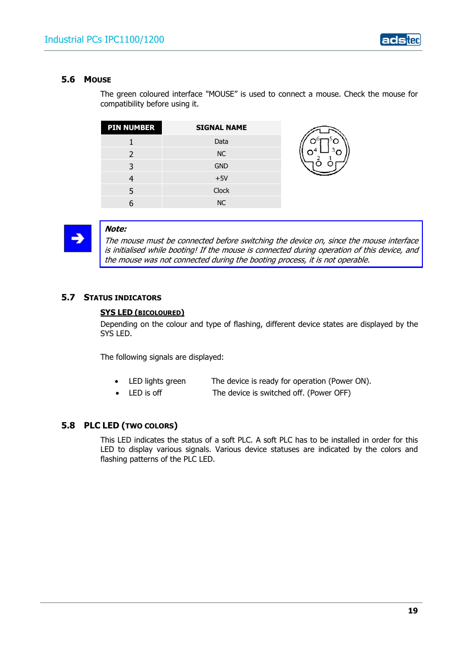 6 mouse, 7 status indicators, 8 plc led (two colors) | ADS-TEC IPC1100/1200 User Manual | Page 19 / 28