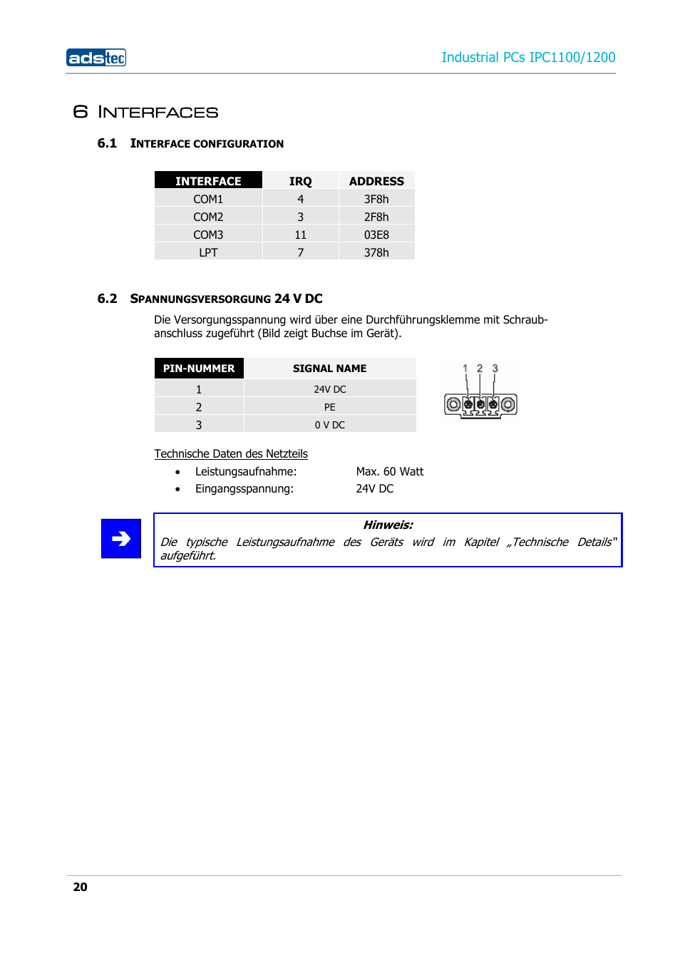 6 interfaces, 1 interface configuration, 2 spannungsversorgung 24 v dc | Nterfaces | ADS-TEC IPC1100/1200 User Manual | Page 20 / 28