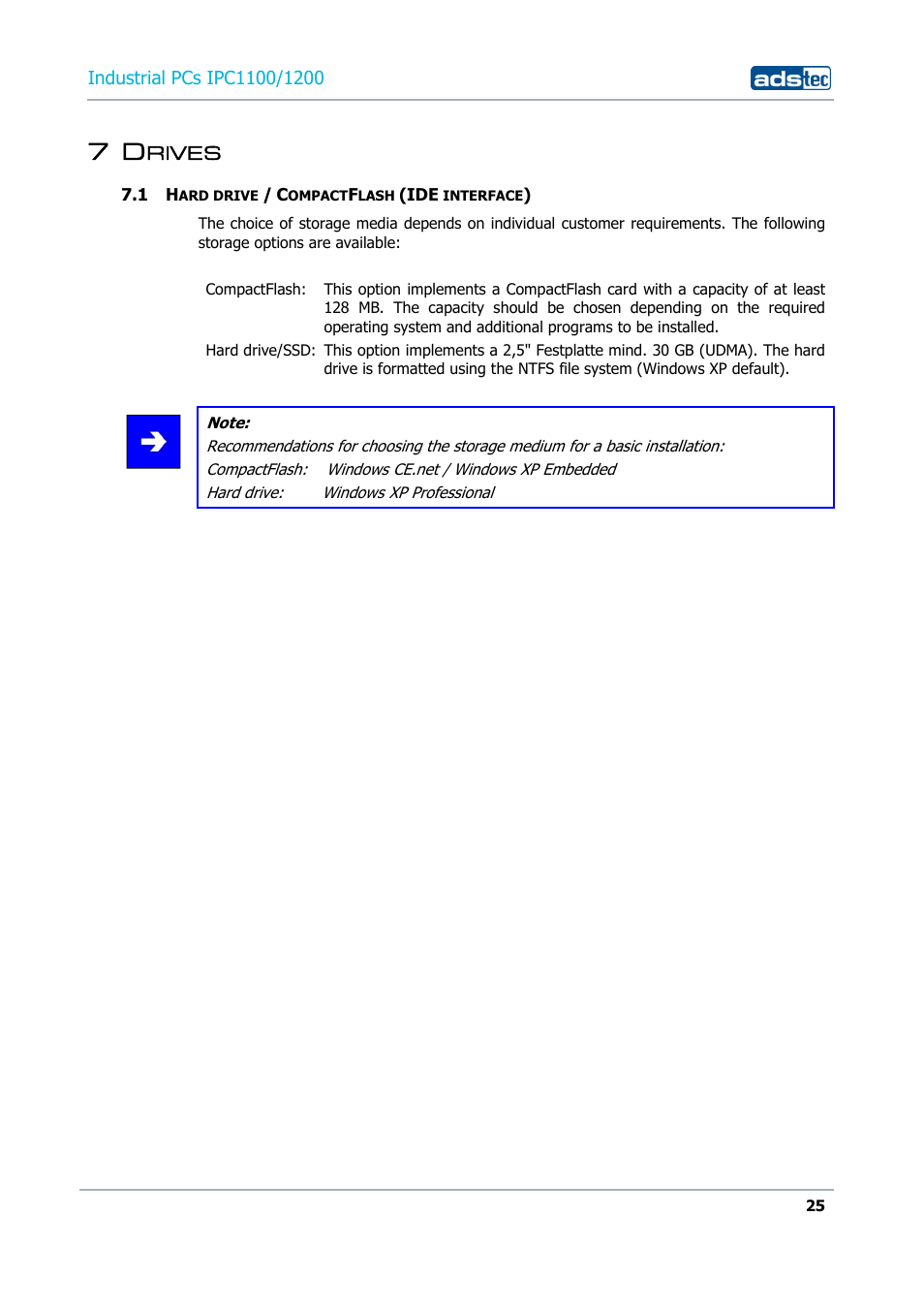 7 drives, 1 hard drive / compactflash (ide interface) | ADS-TEC IPC1100/1200 User Manual | Page 25 / 28