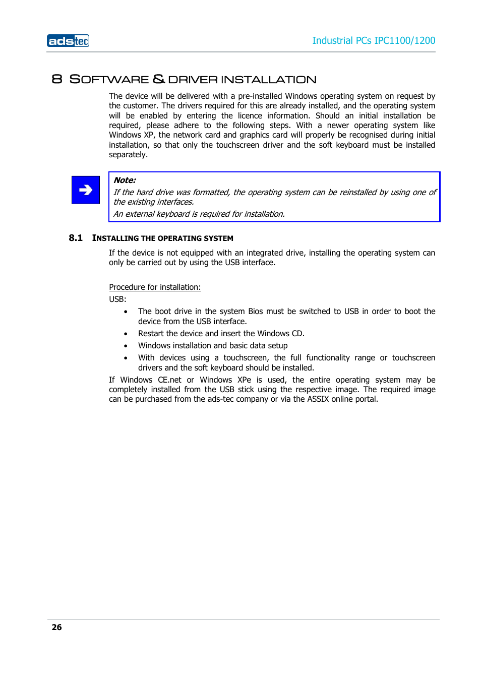 8 software & driver installation, 1 installing the operating system | ADS-TEC IPC1100/1200 User Manual | Page 26 / 28