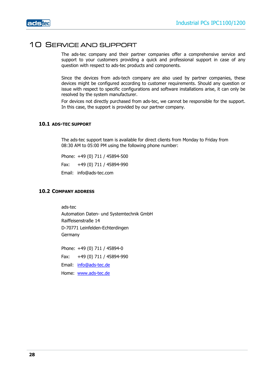 10 service and support, 1 ads-tec support, 2 company address | 10 s, Ervice and support | ADS-TEC IPC1100/1200 User Manual | Page 28 / 28