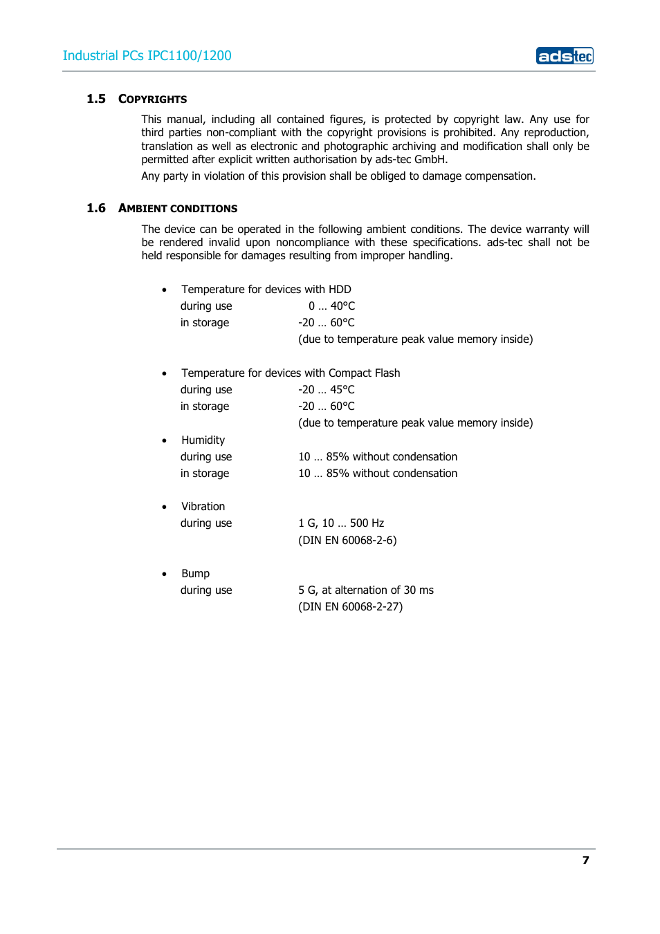 5 copyrights, 6 ambient conditions | ADS-TEC IPC1100/1200 User Manual | Page 7 / 28