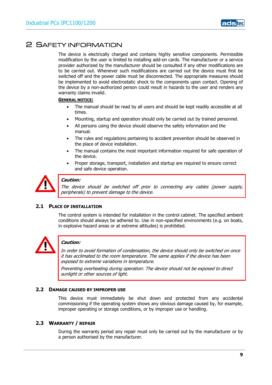 2 safety information, 1 place of installation, 2 damage caused by improper use | 3 warranty / repair, Afety information | ADS-TEC IPC1100/1200 User Manual | Page 9 / 28