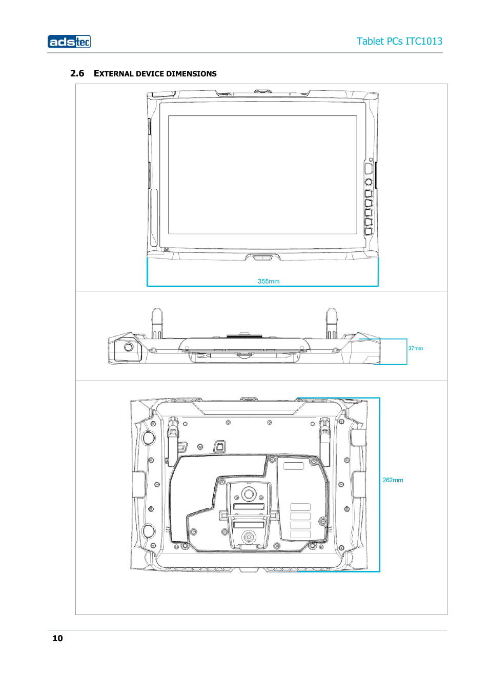 6 external device dimensions, Tablet pcs itc1013 | ADS-TEC ITC1013 User Manual | Page 10 / 69