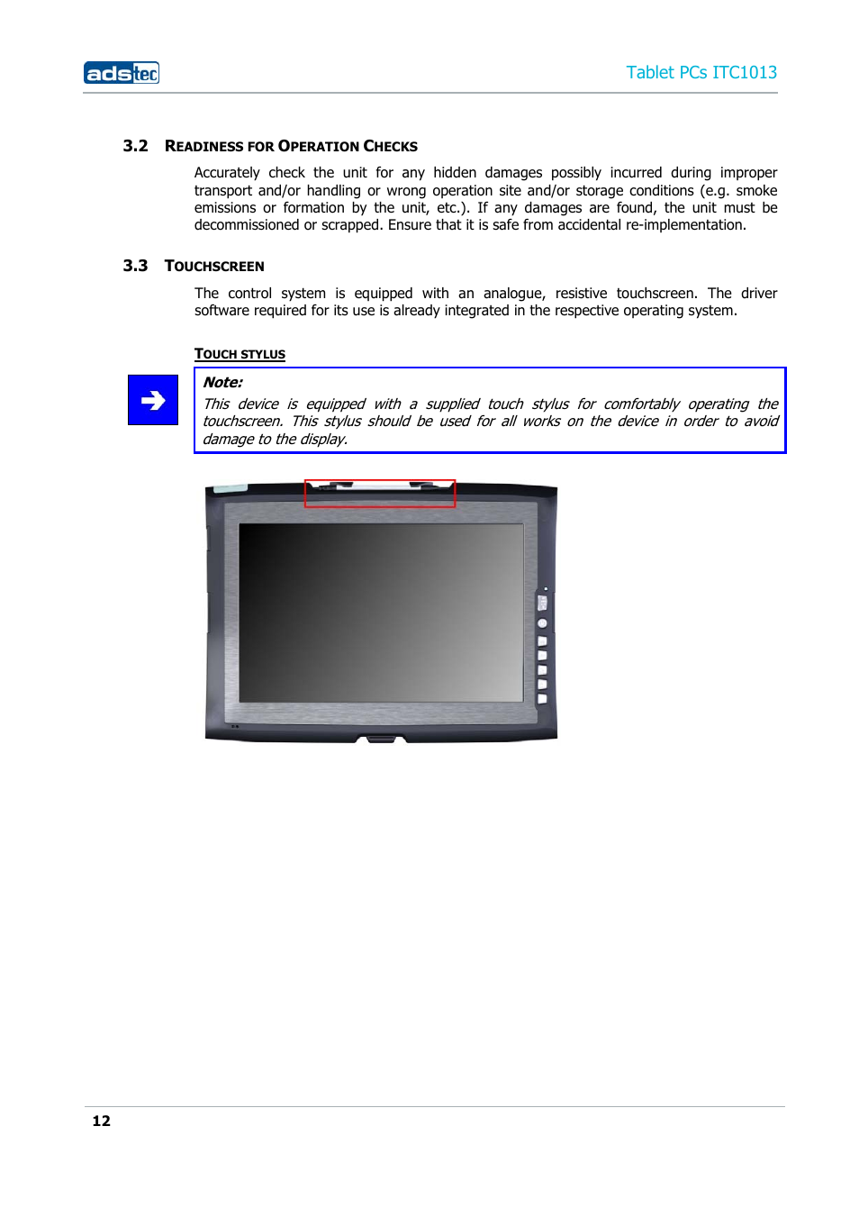 2 readiness for operation checks, 3 touchscreen, Tablet pcs itc1013 | ADS-TEC ITC1013 User Manual | Page 12 / 69