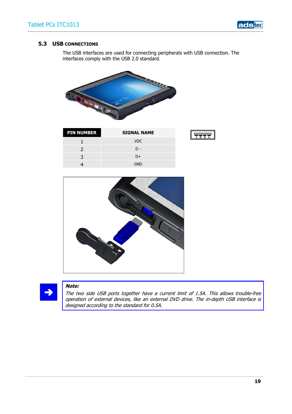 3 usb connections, Tablet pcs itc1013 | ADS-TEC ITC1013 User Manual | Page 19 / 69