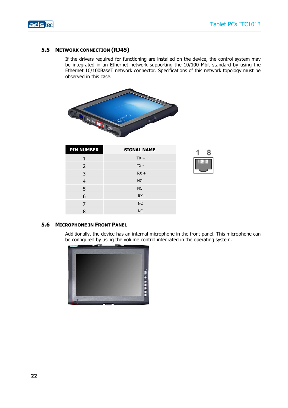 5 network connection (rj45), 6 microphone in front panel, Tablet pcs itc1013 | ADS-TEC ITC1013 User Manual | Page 22 / 69