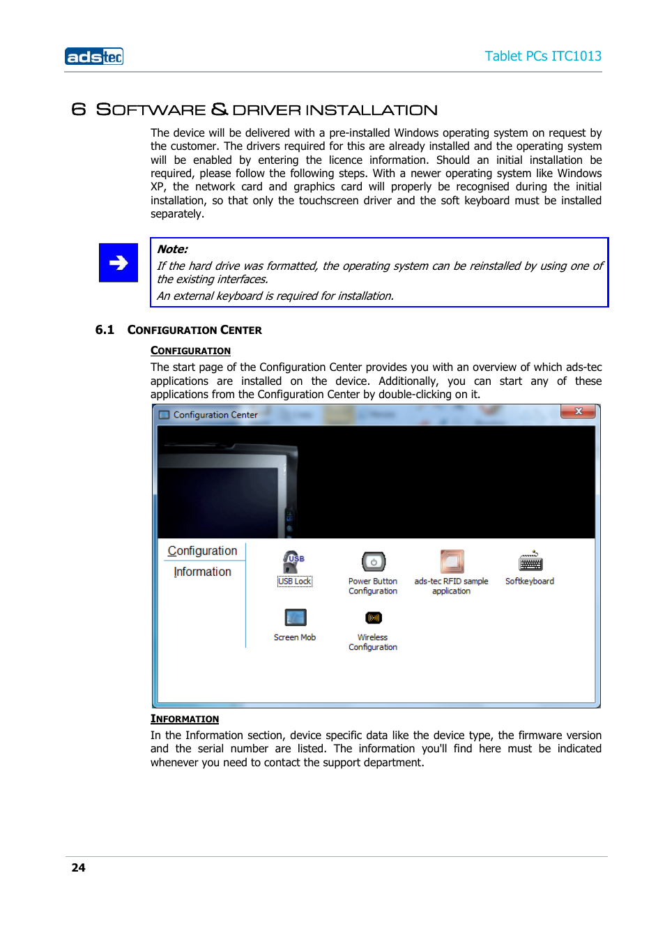 6 software & driver installation, 1 configuration center, Oftware | Driver installation | ADS-TEC ITC1013 User Manual | Page 24 / 69