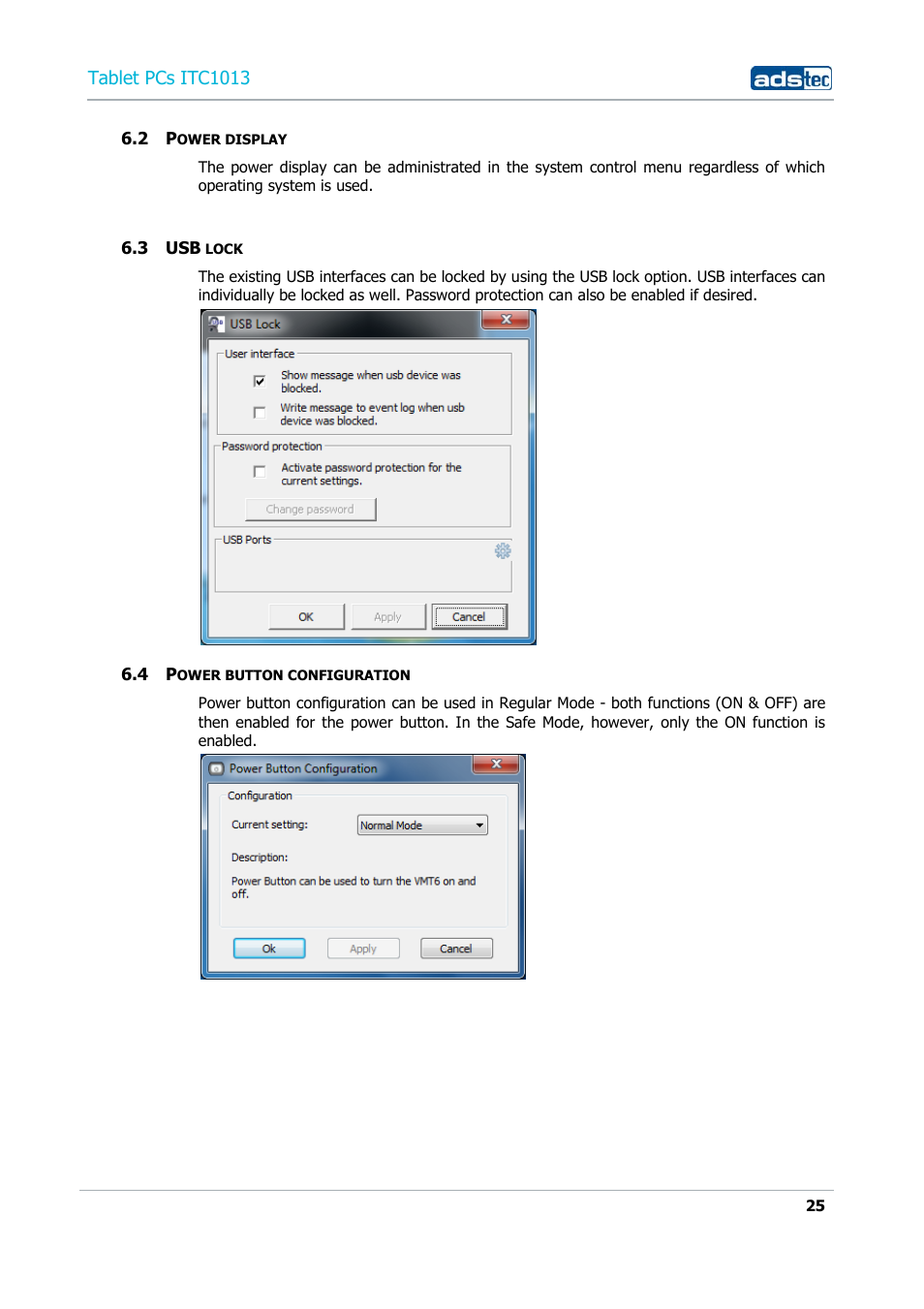 2 power display, 3 usb lock, 4 power button configuration | ADS-TEC ITC1013 User Manual | Page 25 / 69