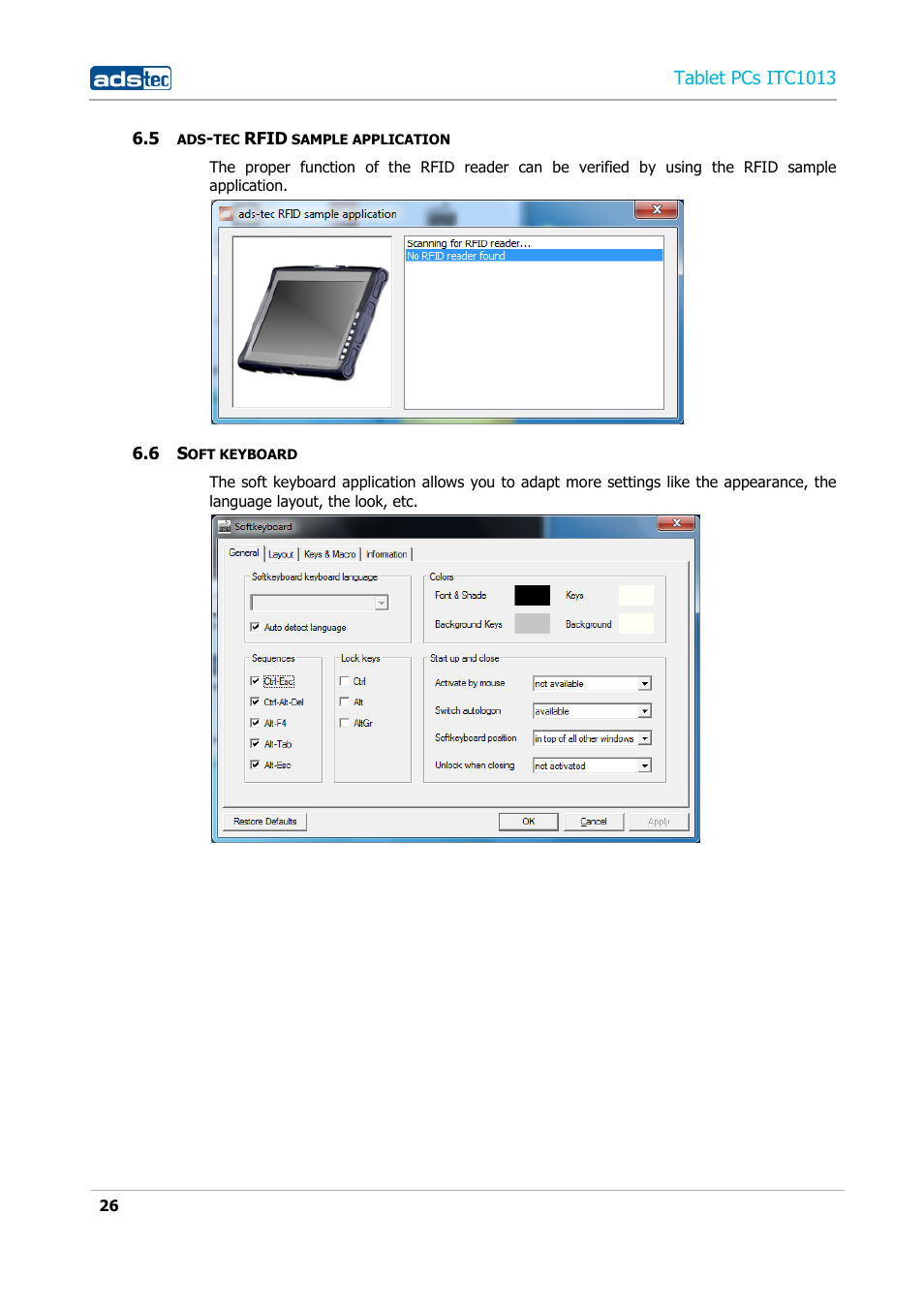 5 ads-tec rfid sample application, 6 soft keyboard | ADS-TEC ITC1013 User Manual | Page 26 / 69