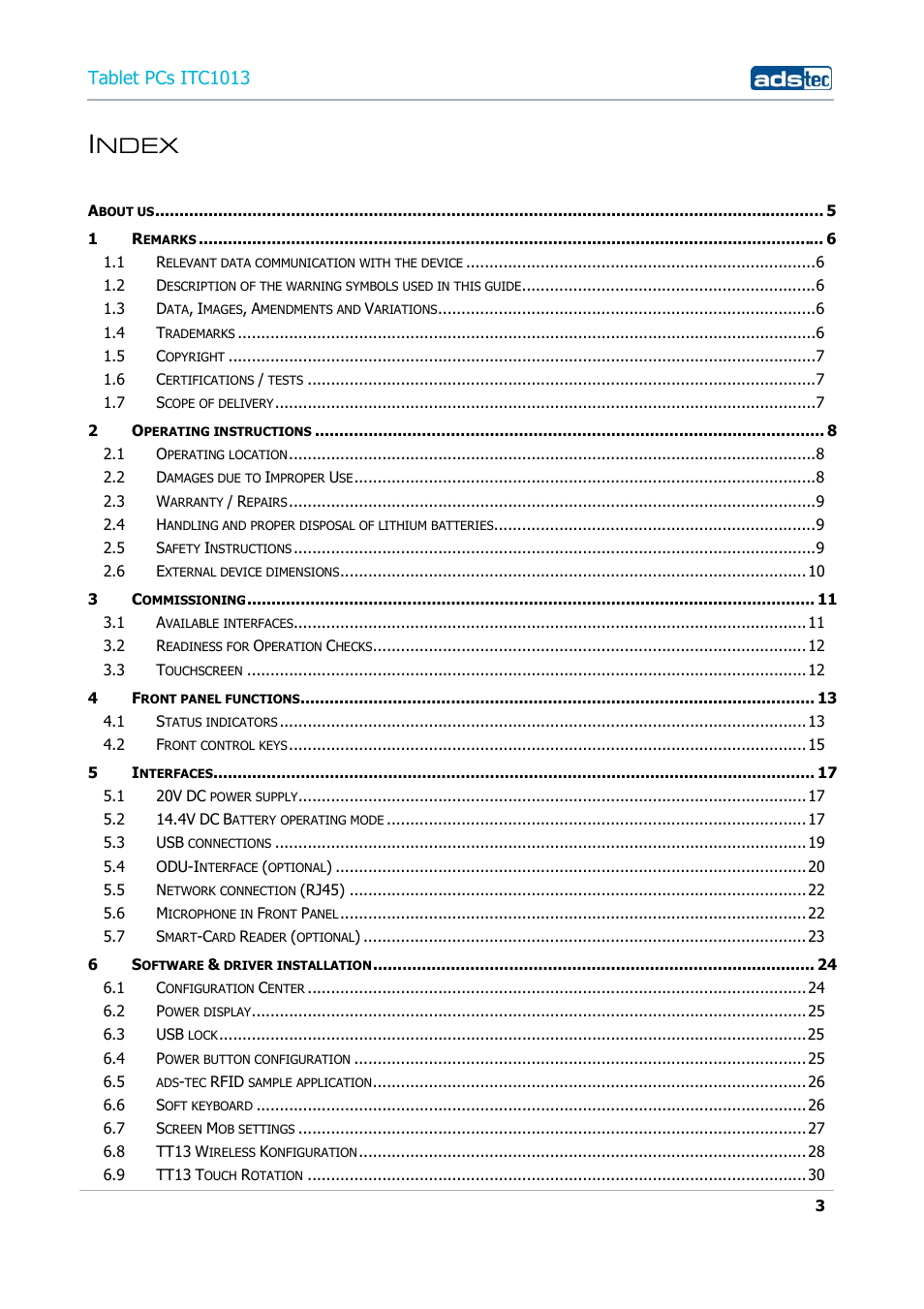 Ndex, Tablet pcs itc1013 | ADS-TEC ITC1013 User Manual | Page 3 / 69