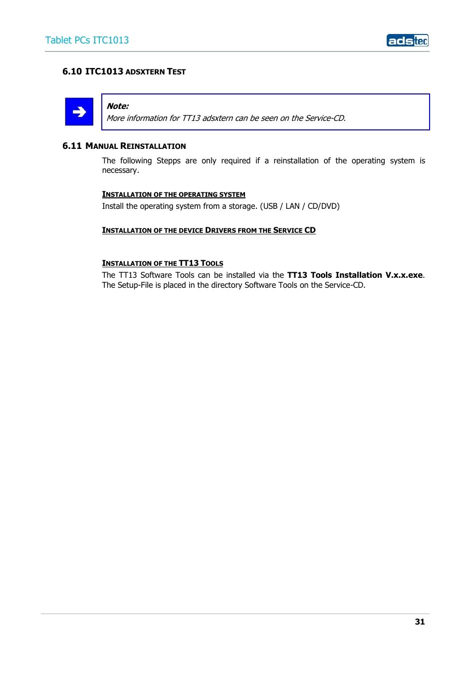 10 itc1013 adsxtern test, 11 manual reinstallation, Tablet pcs itc1013 | ADS-TEC ITC1013 User Manual | Page 31 / 69