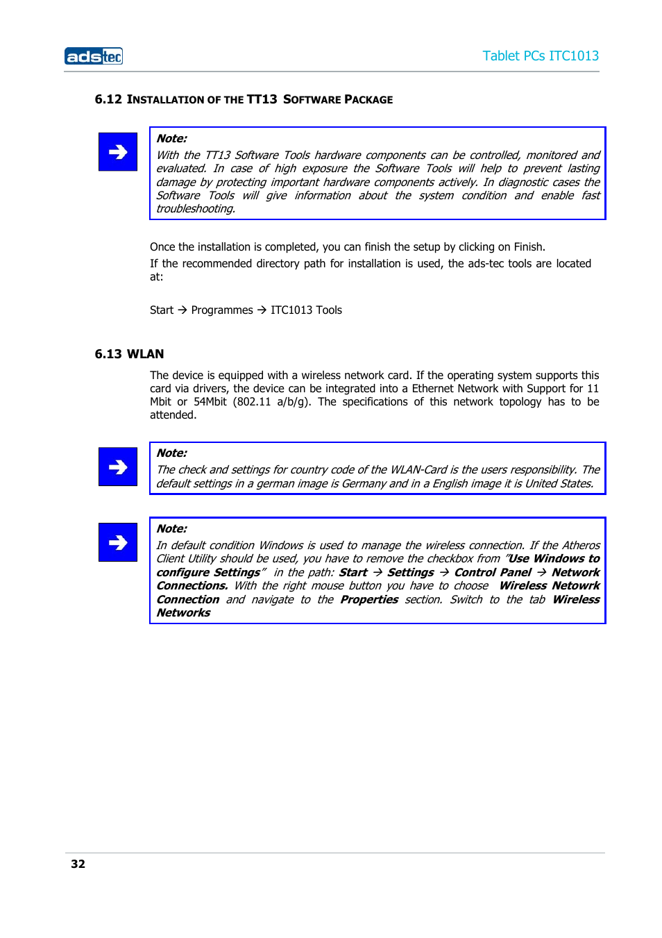 12 installation of the tt13 software package, 13 wlan, Tablet pcs itc1013 | ADS-TEC ITC1013 User Manual | Page 32 / 69