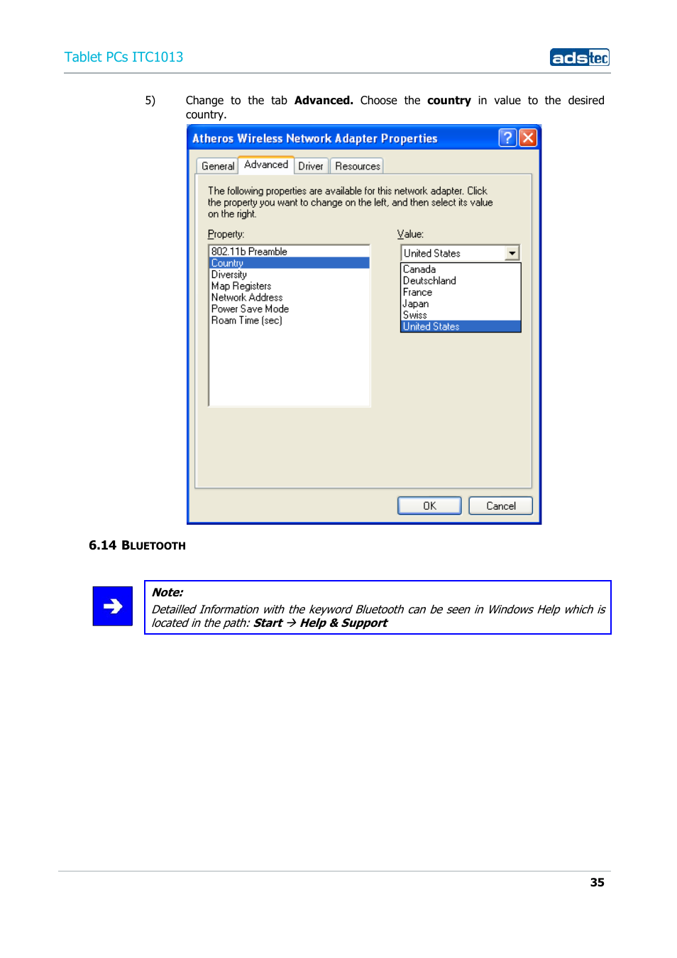14 bluetooth, Tablet pcs itc1013 | ADS-TEC ITC1013 User Manual | Page 35 / 69