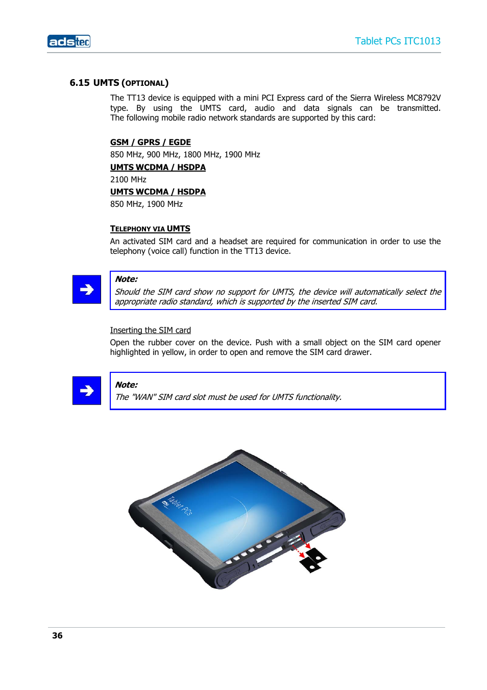 15 umts (optional), Tablet pcs itc1013 | ADS-TEC ITC1013 User Manual | Page 36 / 69