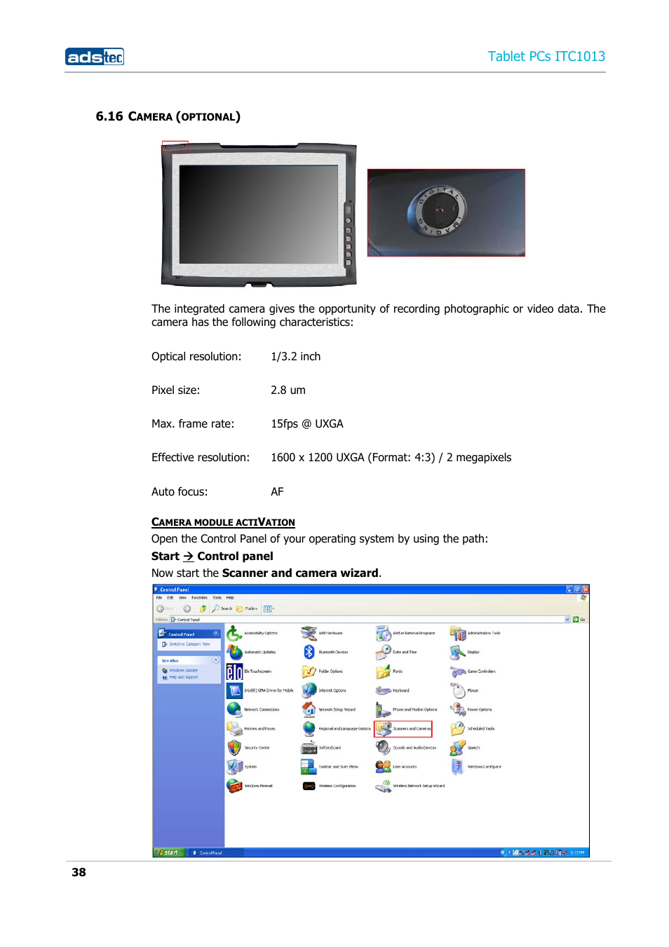 16 camera (optional), Tablet pcs itc1013 | ADS-TEC ITC1013 User Manual | Page 38 / 69