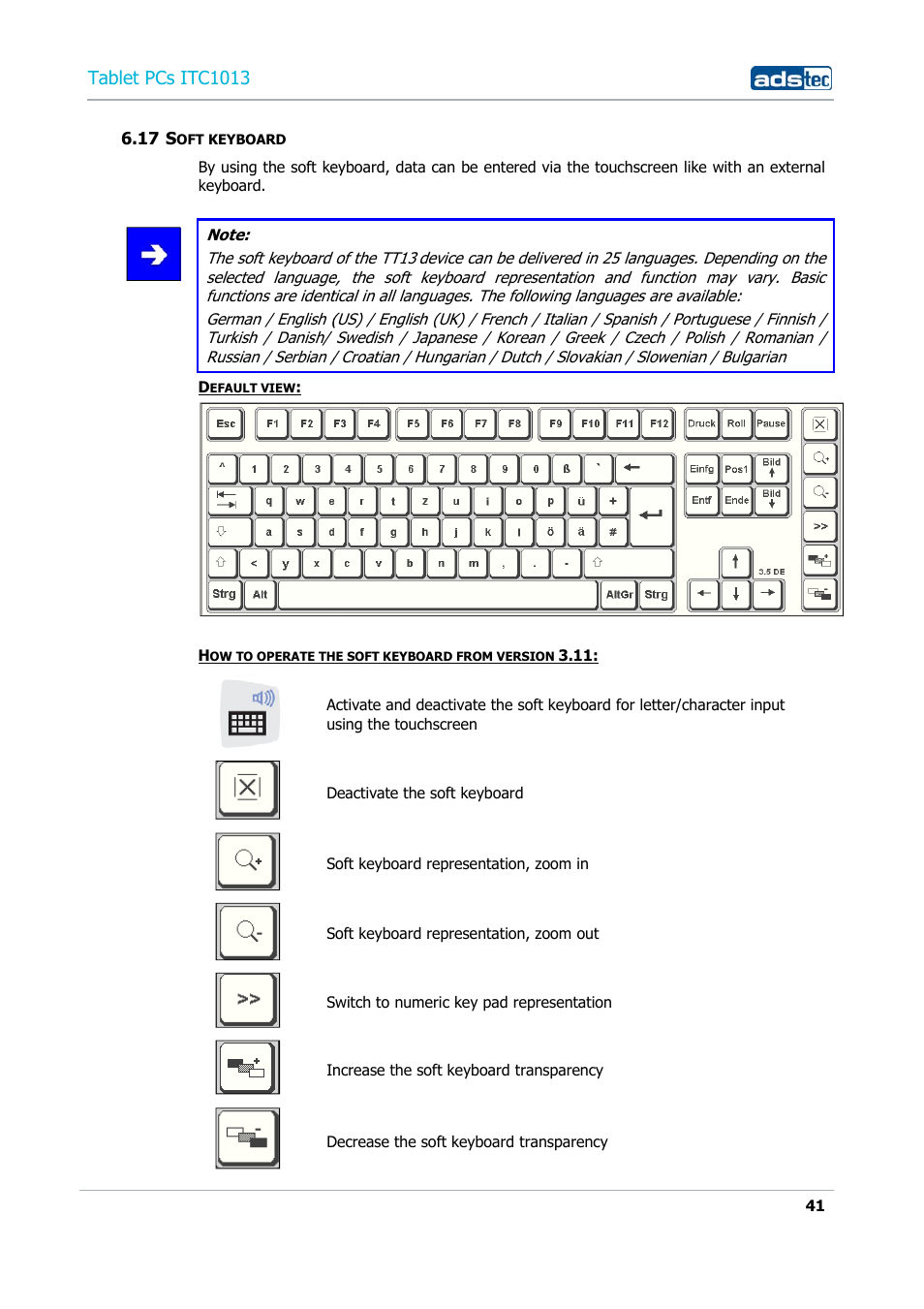 17 soft keyboard, Tablet pcs itc1013 | ADS-TEC ITC1013 User Manual | Page 41 / 69
