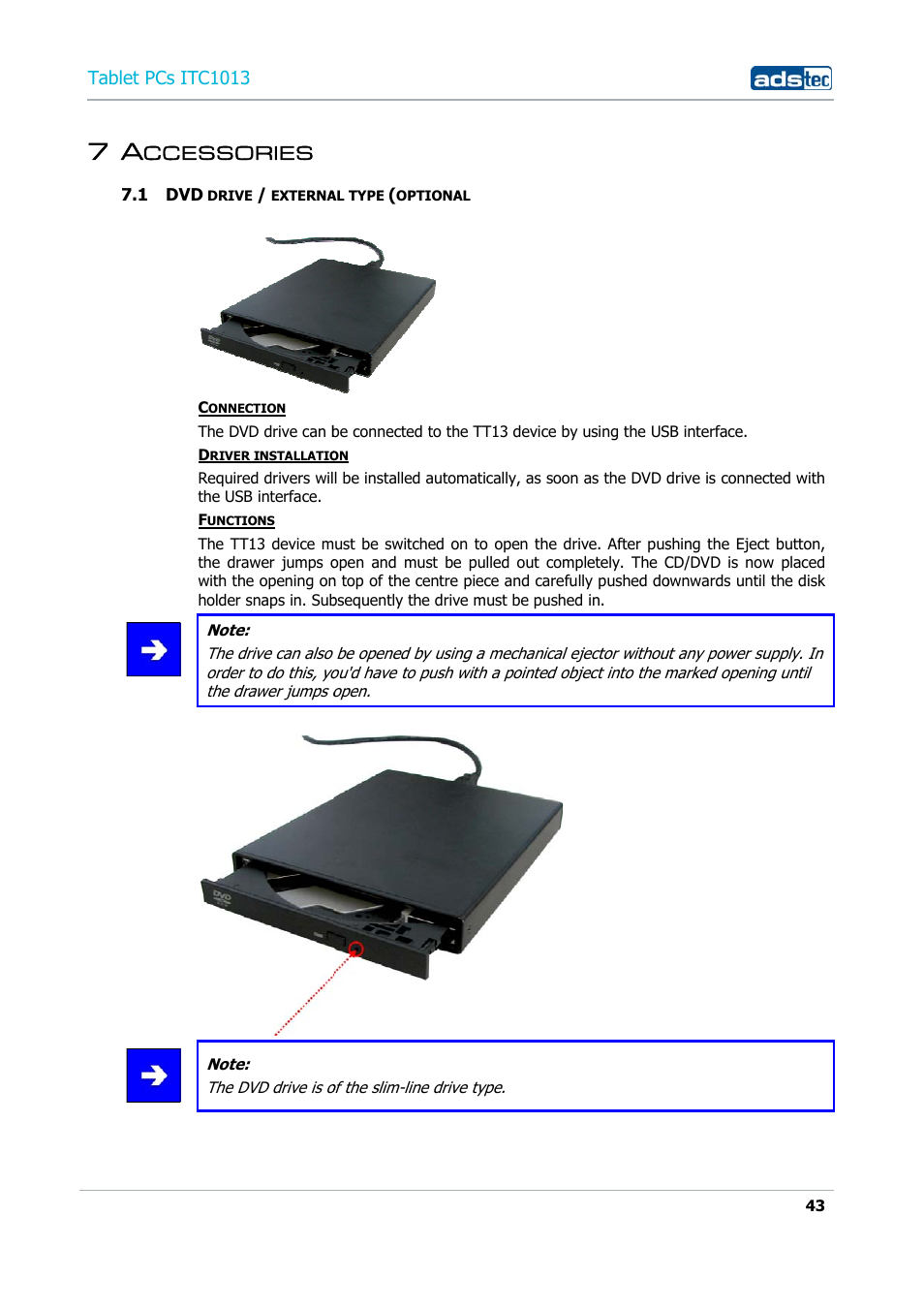 7 accessories, 1 dvd drive / external type (optional, Ccessories | ADS-TEC ITC1013 User Manual | Page 43 / 69