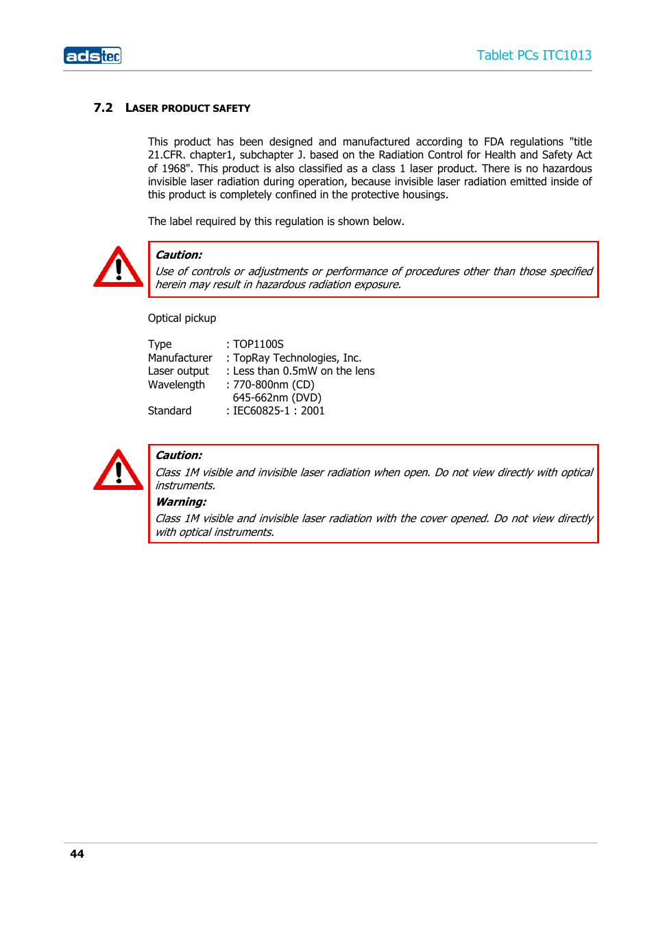 2 laser product safety, Tablet pcs itc1013 | ADS-TEC ITC1013 User Manual | Page 44 / 69