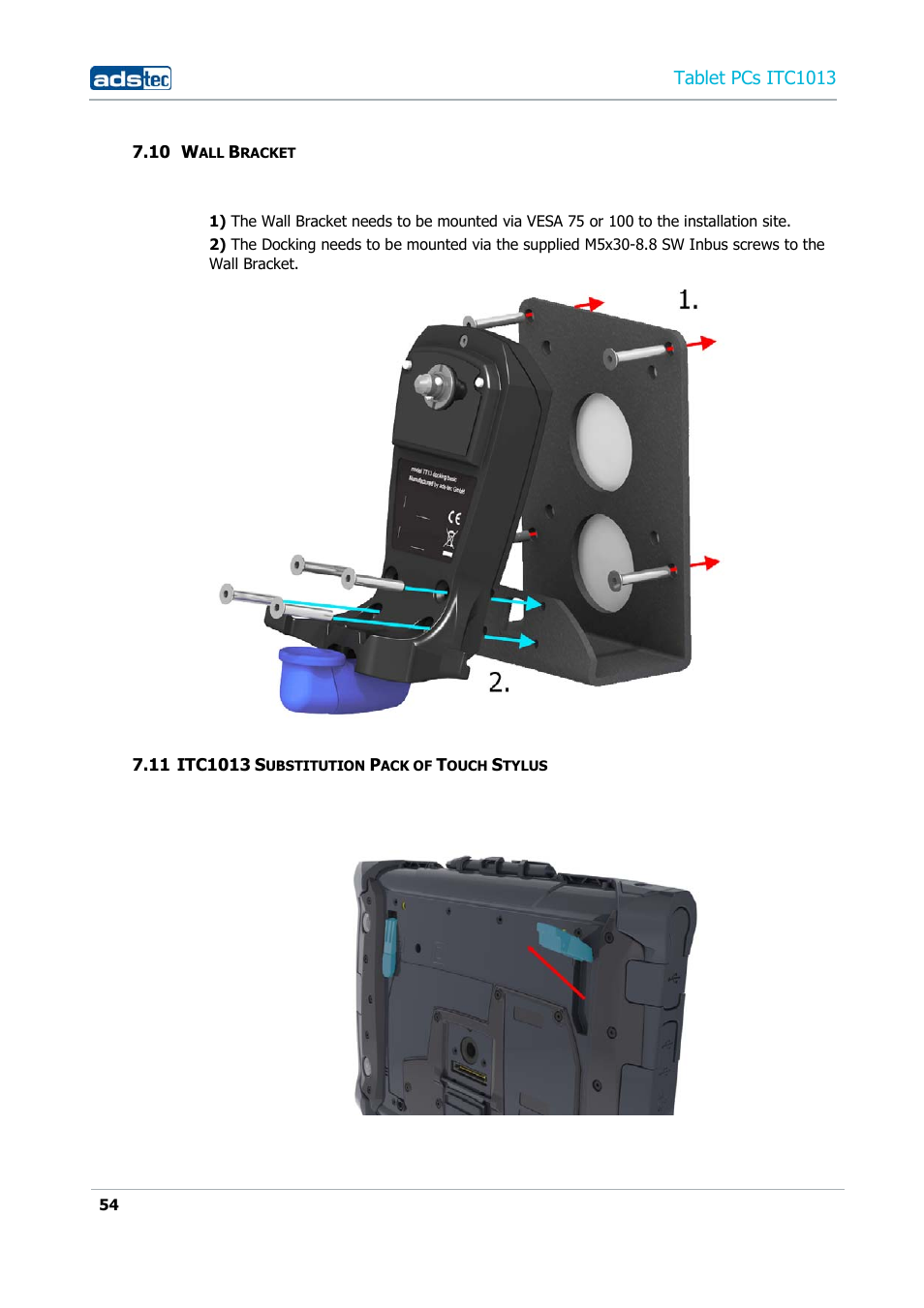 10 wall bracket, 11 itc1013 substitution pack of touch stylus, Tablet pcs itc1013 | ADS-TEC ITC1013 User Manual | Page 54 / 69