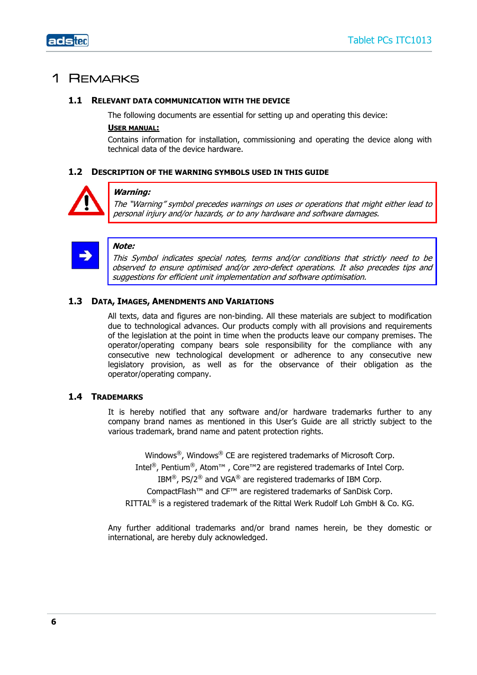 1 remarks, 1 relevant data communication with the device, 3 data, images, amendments and variations | 4 trademarks, Emarks, Tablet pcs itc1013 | ADS-TEC ITC1013 User Manual | Page 6 / 69