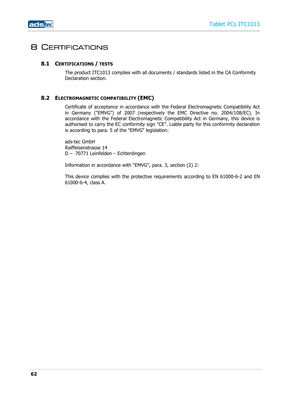 8 certifications, 1 certifications / tests, 2 electromagnetic compatibility (emc) | Ertifications | ADS-TEC ITC1013 User Manual | Page 62 / 69