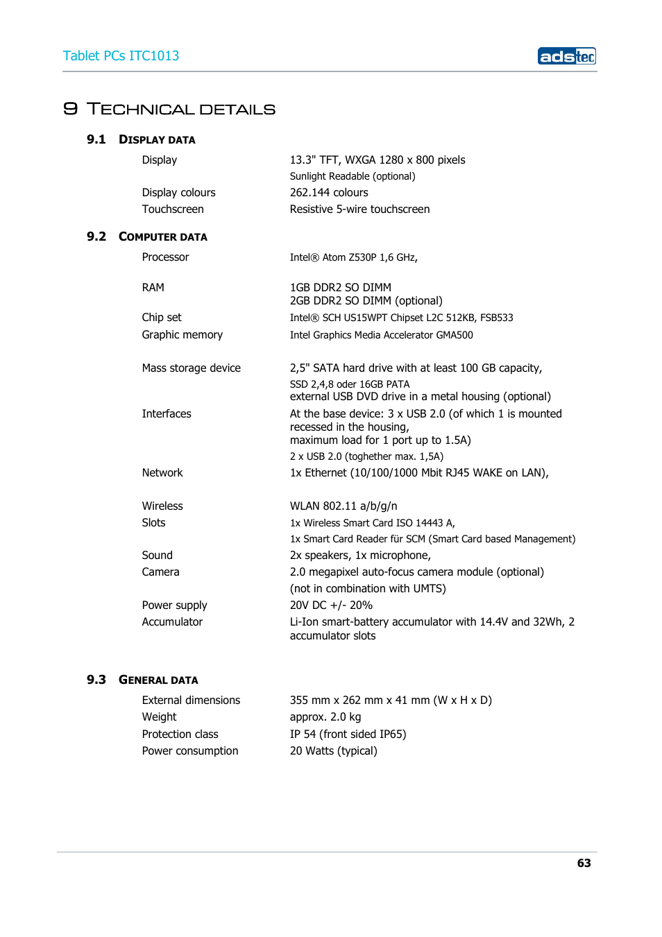 9 technical details, 1 display data, 2 computer data | 3 general data, Echnical details | ADS-TEC ITC1013 User Manual | Page 63 / 69