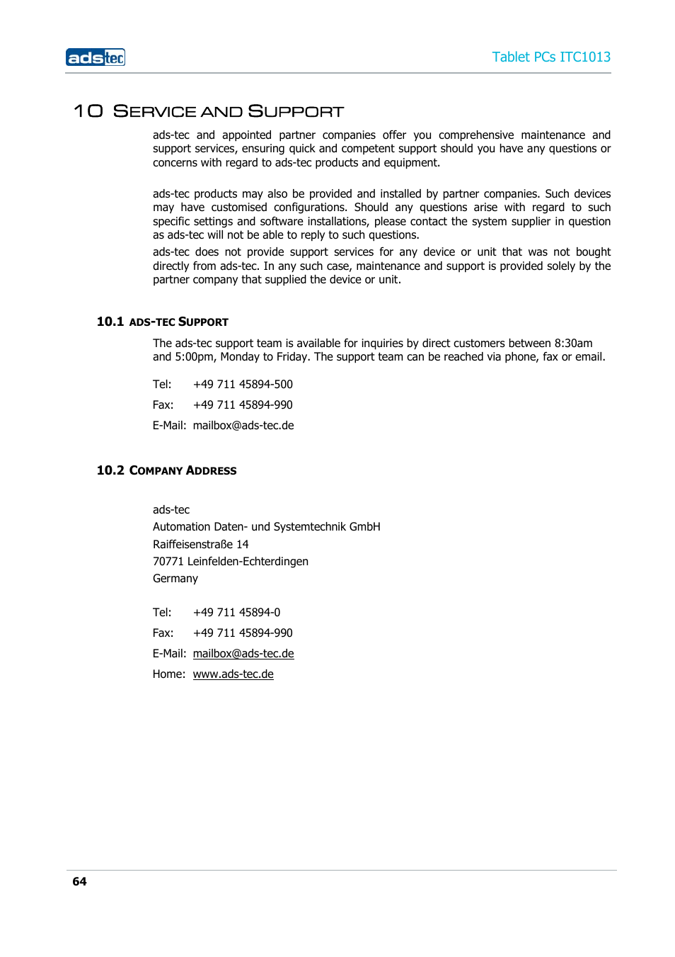10 service and support, 1 ads-tec support, 2 company address | 10 s, Ervice and, Upport | ADS-TEC ITC1013 User Manual | Page 64 / 69