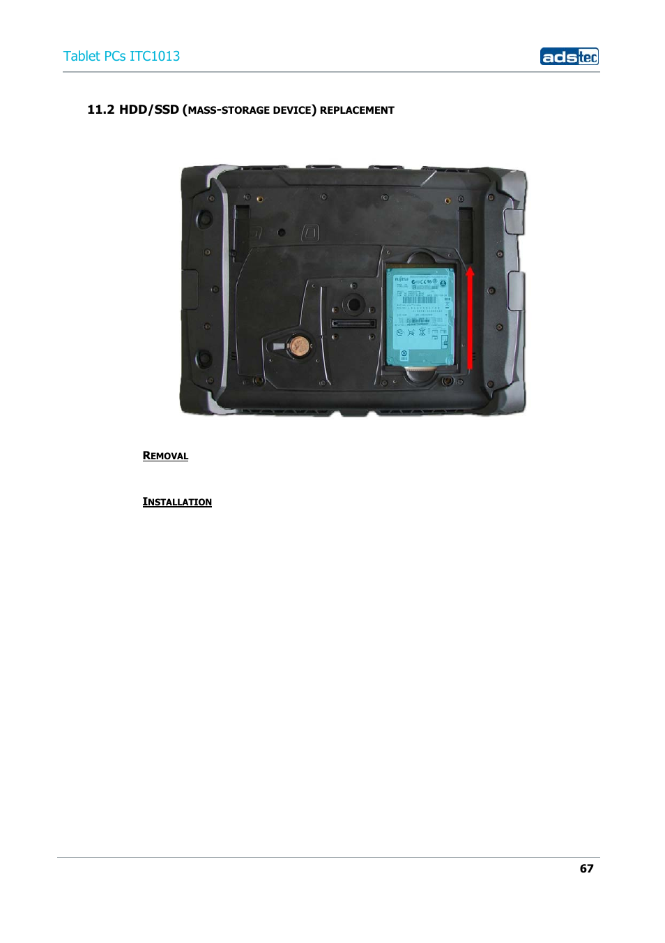 2 hdd/ssd (mass-storage device) replacement, Tablet pcs itc1013 | ADS-TEC ITC1013 User Manual | Page 67 / 69