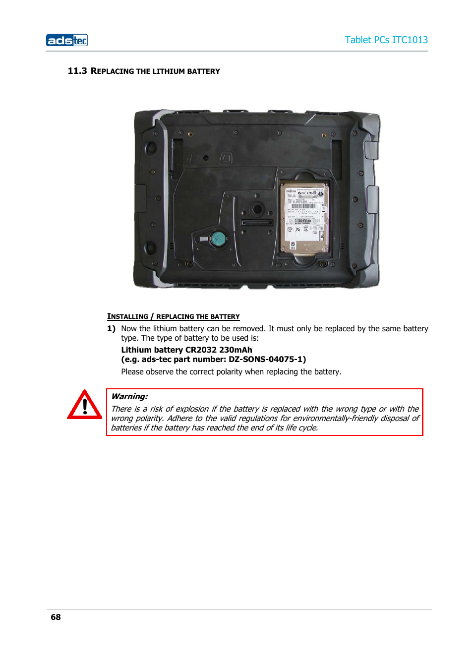 3 replacing the lithium battery, Tablet pcs itc1013 | ADS-TEC ITC1013 User Manual | Page 68 / 69