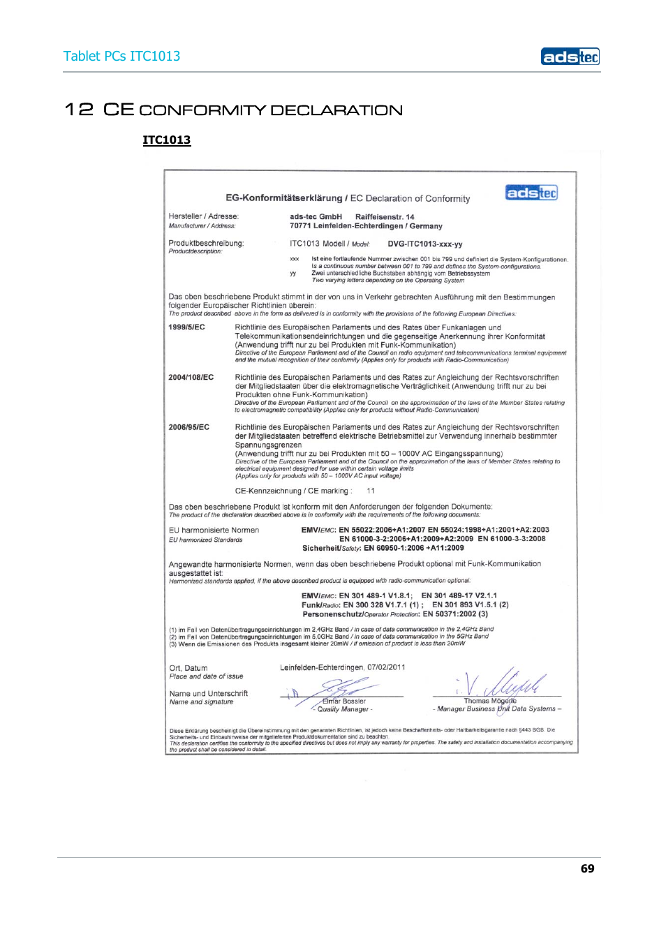12 ce conformity declaration, 12 ce | ADS-TEC ITC1013 User Manual | Page 69 / 69