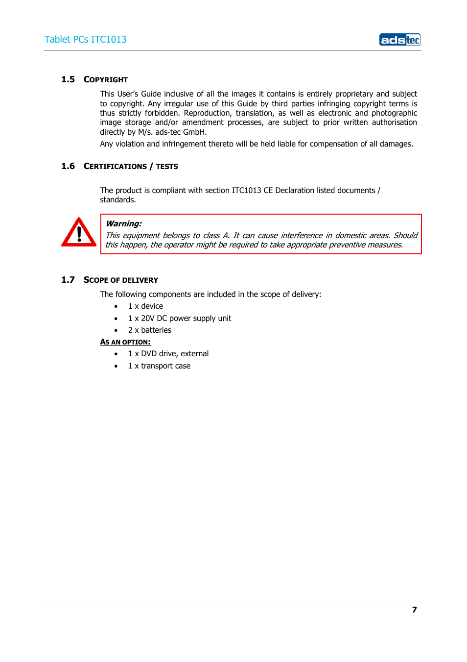 5 copyright, 6 certifications / tests, 7 scope of delivery | Tablet pcs itc1013 | ADS-TEC ITC1013 User Manual | Page 7 / 69